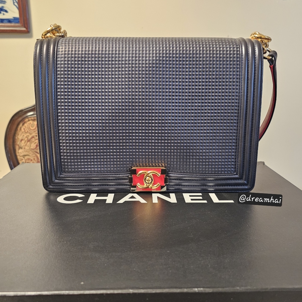 Chanel Navy Cube Embossed Lambskin Large Boy Bag